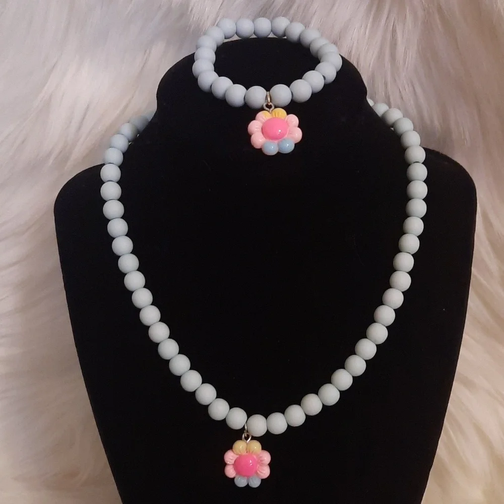 Kids Jewelry 2pcs/set Flower Charm Sky Blue Beaded Necklace & Bracelet